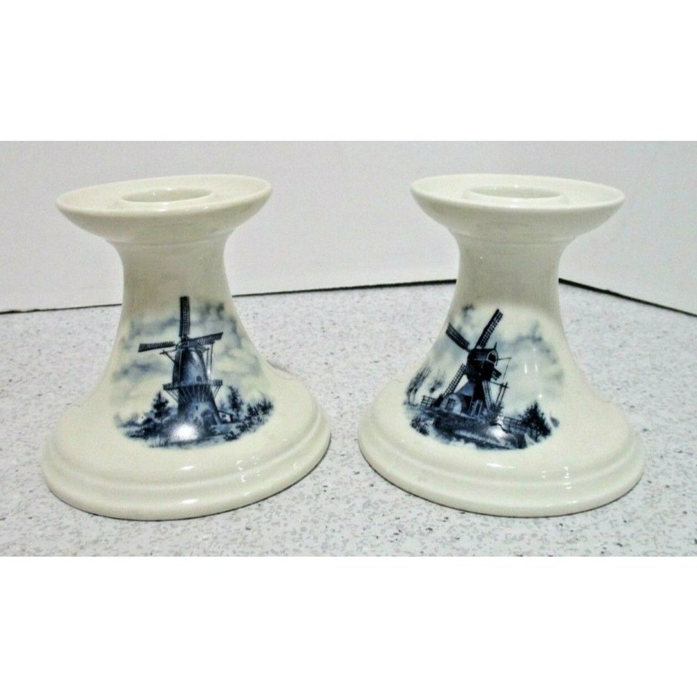 **Vintage Delft-Blaun Hand Decorated Cream & Blue Windmill Motif Candle Holders